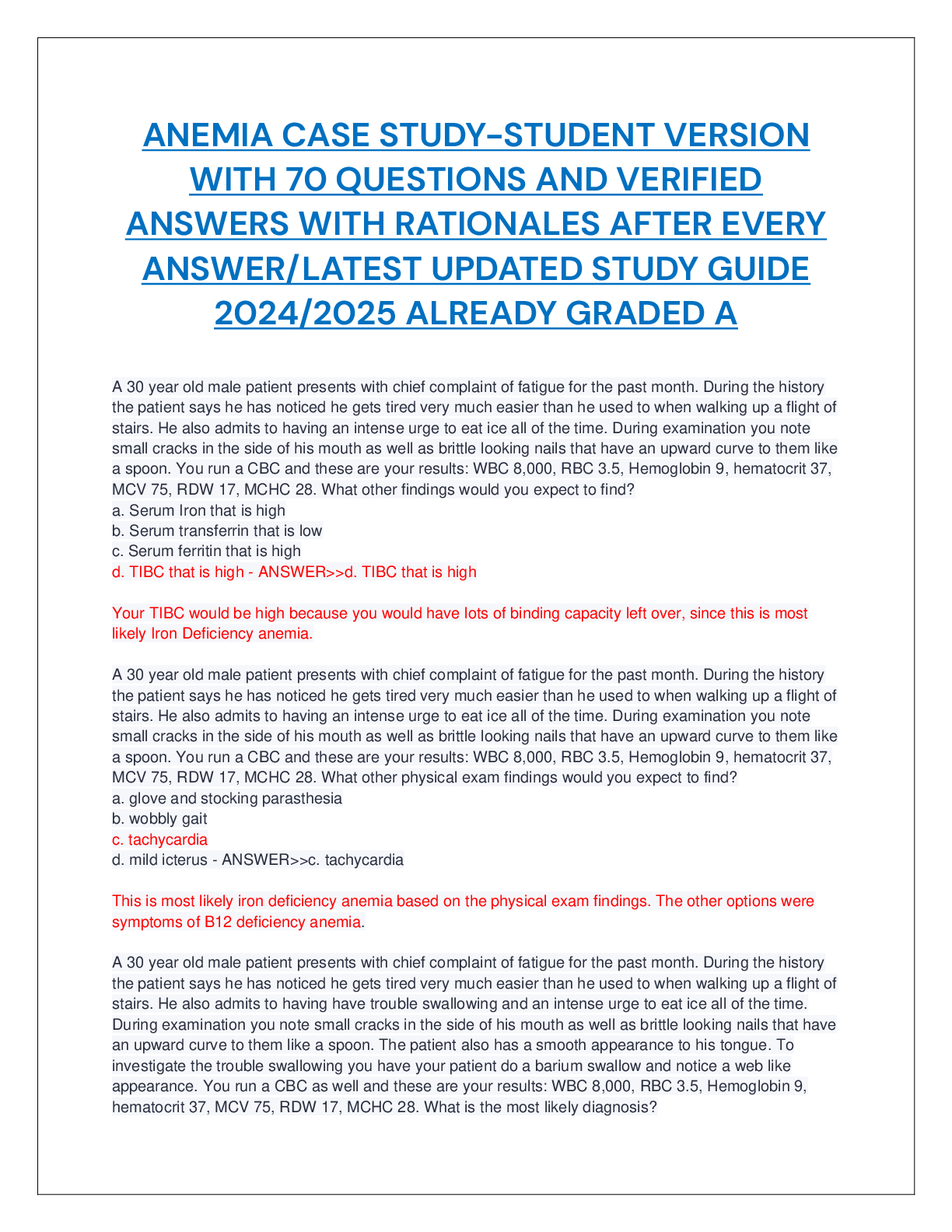 Recommended document preview for ANEMIA CASE STUDY-STUDENT VERSION WITH 70 QUESTIONS AND VERIFIED ANSWERS WITH RATIONALES AFTER EVERY ANSWER/LATEST UPDATED STUDY GUIDE 2024/2025 ALREADY GRADED A
