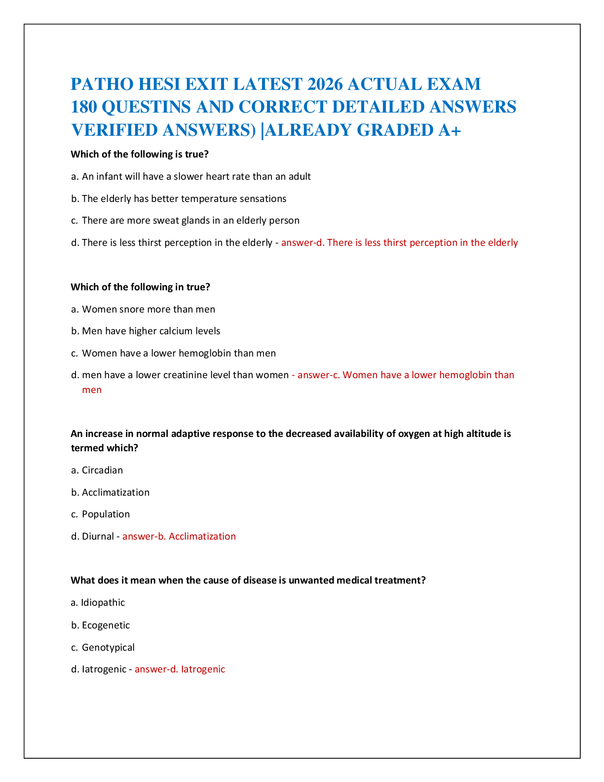 Preview of PATHO HESI EXIT LATEST 2026 ACTUAL EXAM   180 QUESTINS AND CORRECT DETAILED ANSWERS   VERI