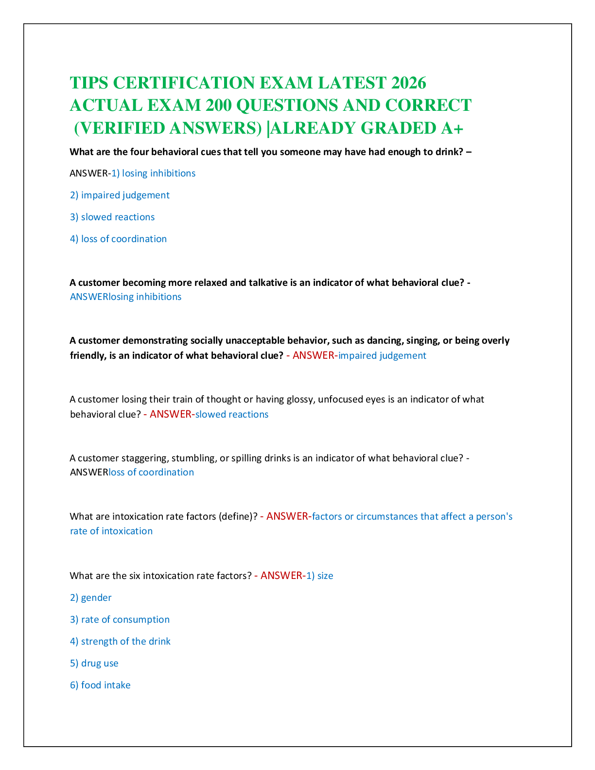 TIPS CERTIFICATION EXAM LATEST 2026  ACTUAL EXAM 200 QUESTIONS AND CORRECT   (VERIFIED ANSWERS) |ALREADY GRADED A+