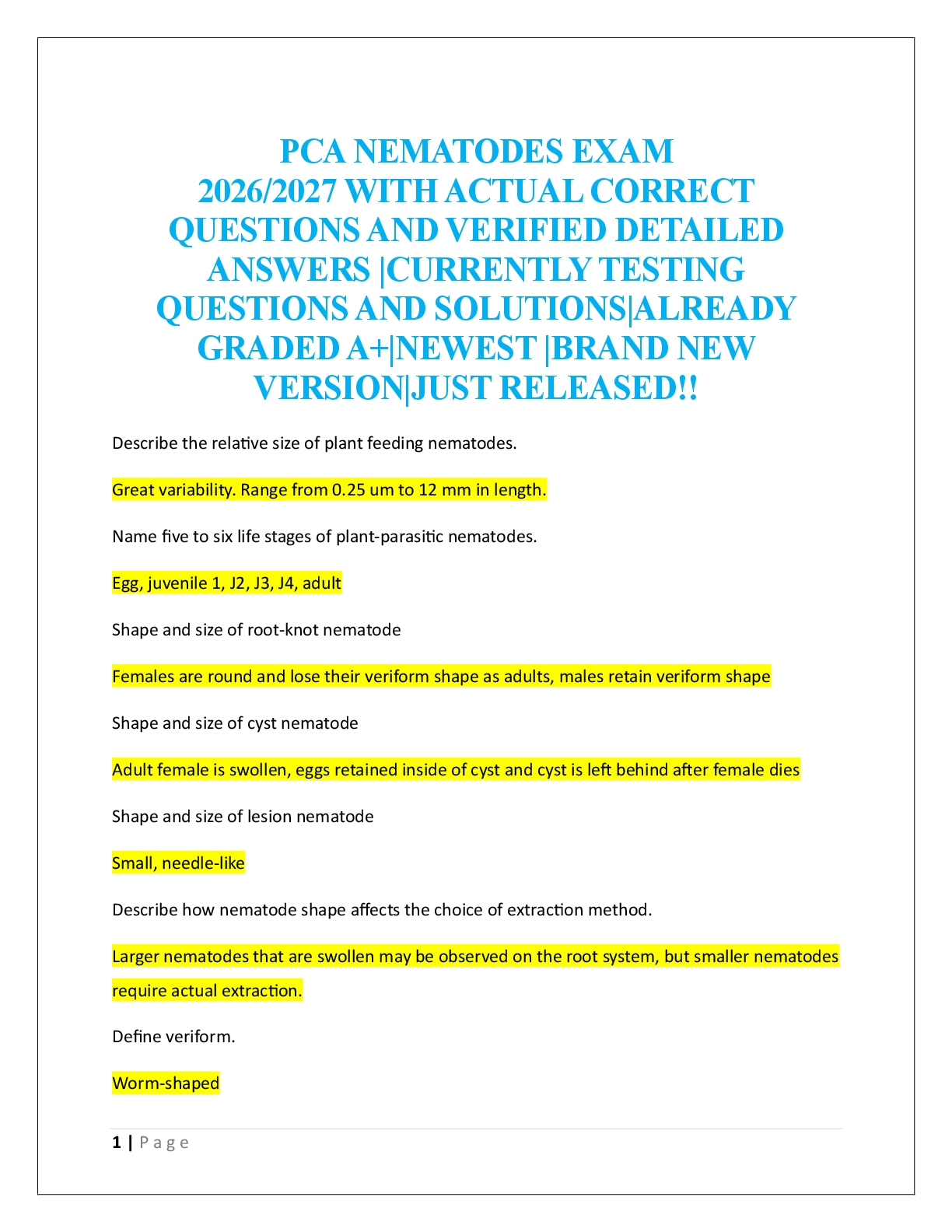 Recommended document preview for PCA NEMATODES EXAM  2026/2027