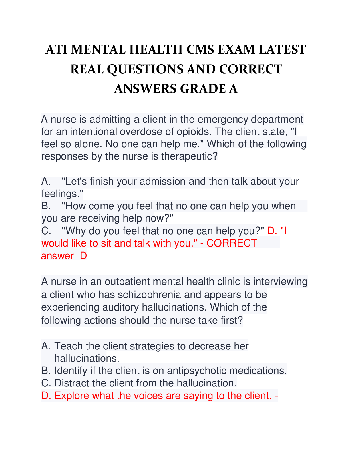 Preview of ATI MENTAL HEALTH CMS EXAM LATEST REAL QUESTIONS AND CORRECT ANSWERS GRADE A
