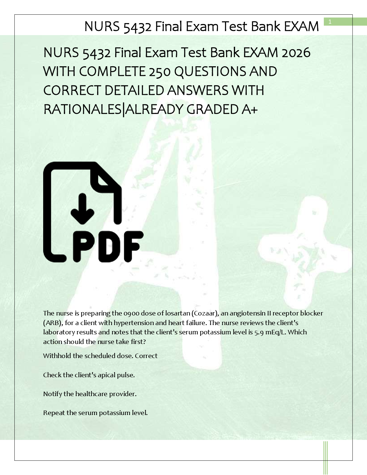 NURS 5432 Final Exam Test Bank EXAM 2026  WITH COMPLETE 250 QUESTIONS AND  CORRECT DETAILED ANSWERS WITH  RATIONALES|ALREADY GRADED A+