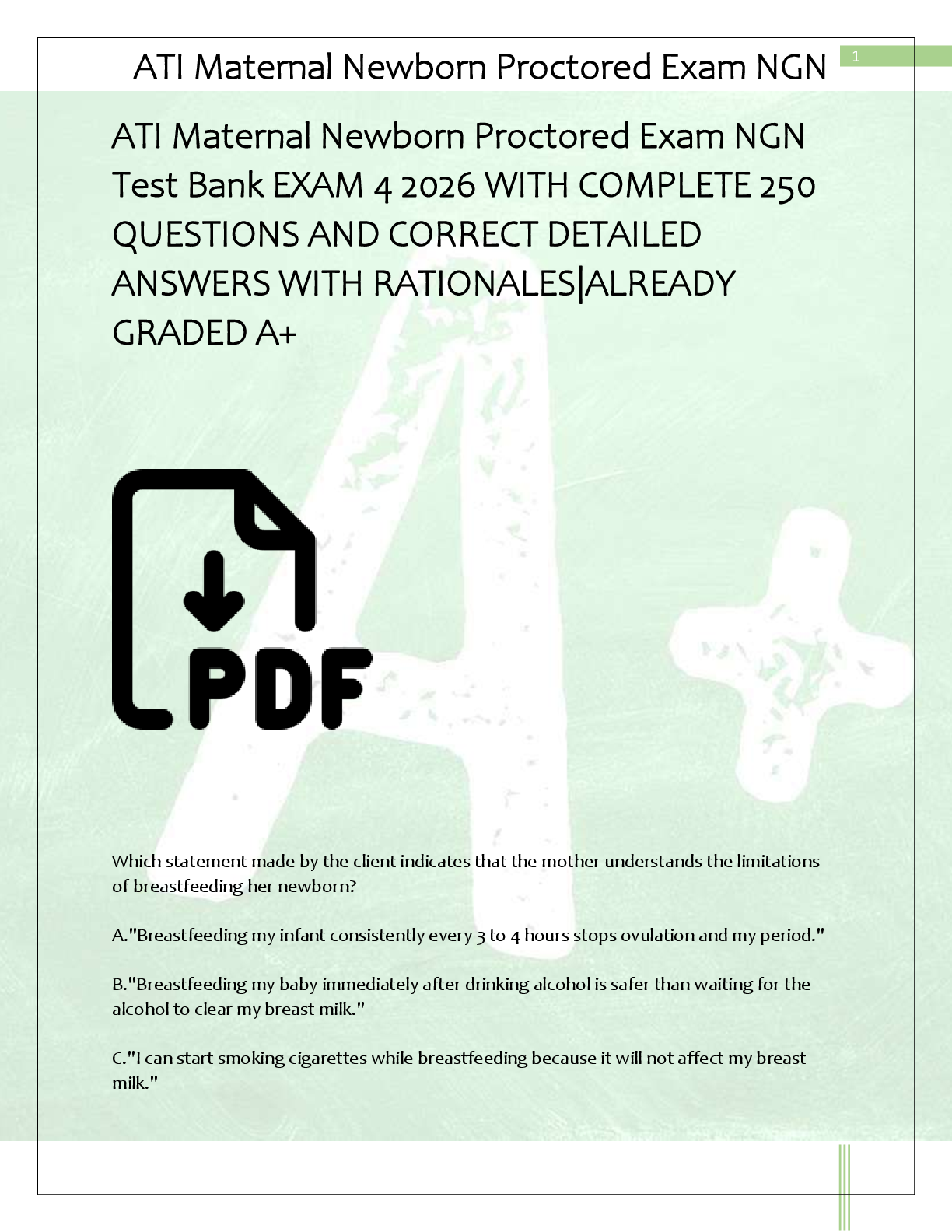 Recommended document preview for ATI Maternal Newborn Proctored Exam NGN  Test Bank EXAM 4 2026 WITH COMPLETE 250  QUESTIONS AND CORRECT DETAILED  ANSWERS WITH RATIONALES|ALREADY  GRADED A+