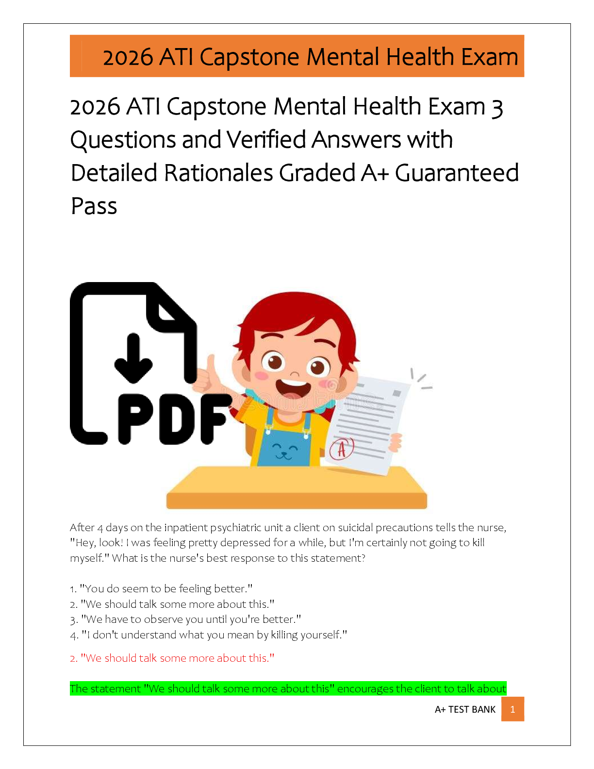 Recommended document preview for 2026 ATI Capstone Mental Health Exam 3  Questions and Verified Answers with  Detailed Rationales Graded A+ Guaranteed  Pass