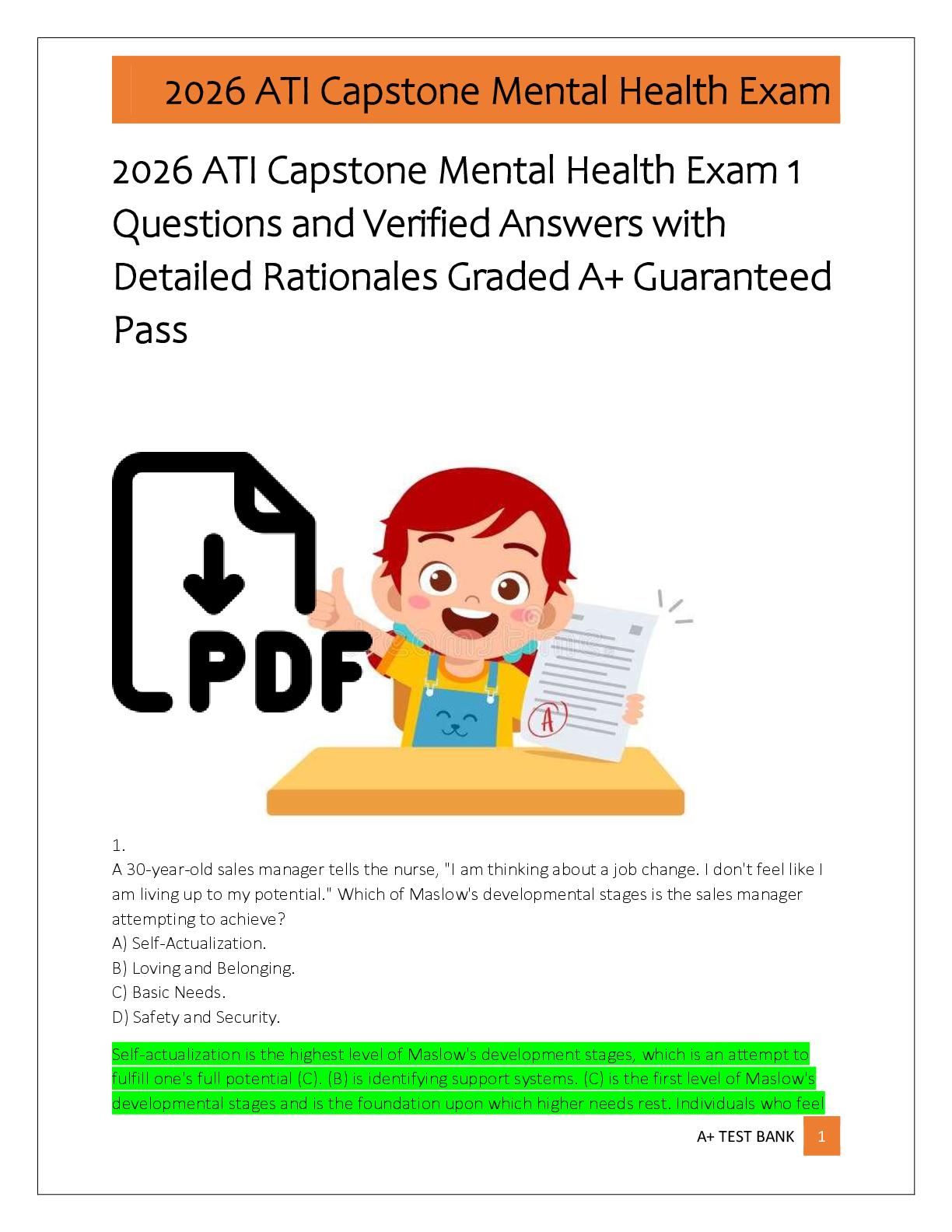 2026 ATI Capstone Mental Health Exam 1  Questions and Verified Answers with  Detailed Rationales Graded A+ Guaranteed  Pass