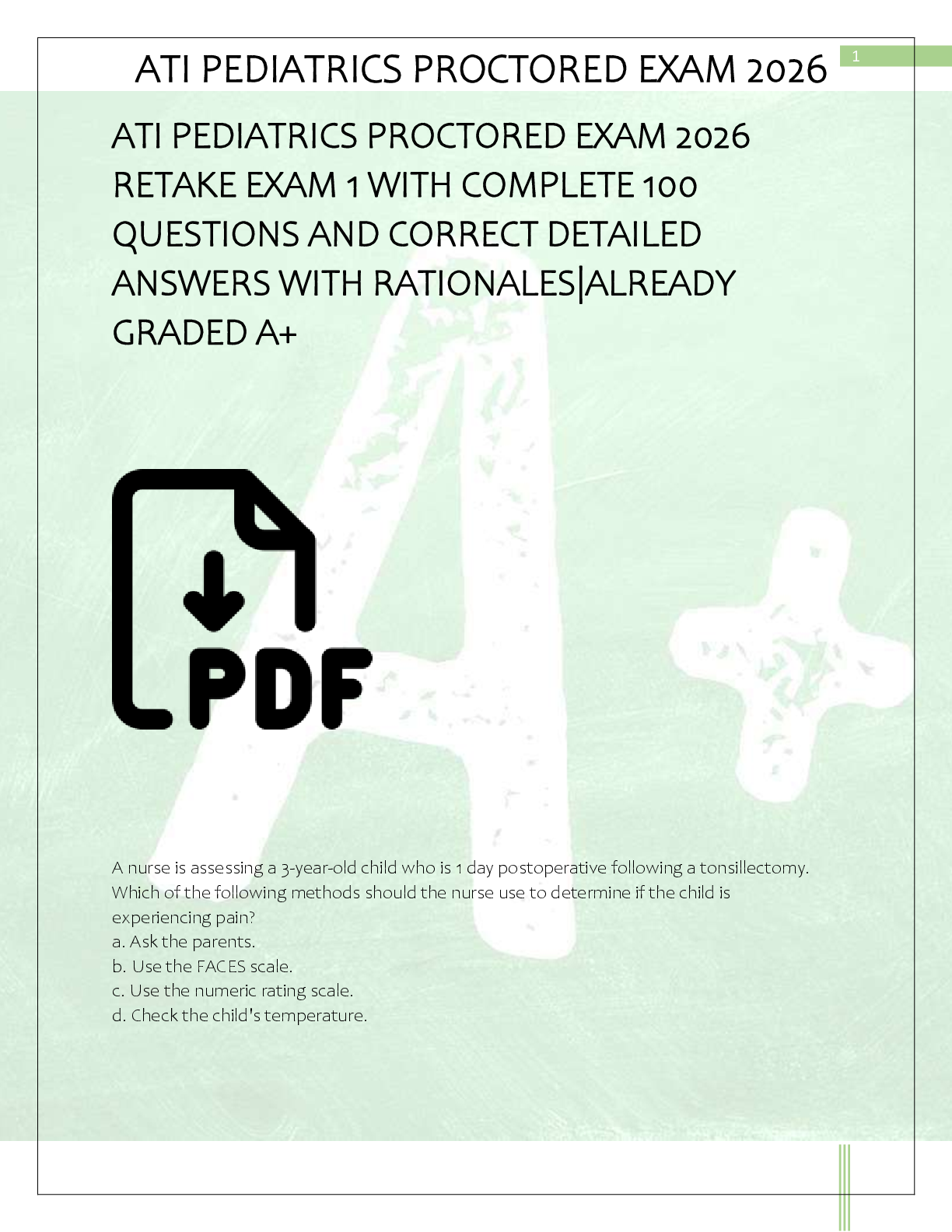 Recommended document preview for ATI PEDIATRICS PROCTORED EXAM 2026  RETAKE EXAM 1 WITH COMPLETE 100  QUESTIONS AND CORRECT DETAILED  ANSWERS WITH RATIONALES|ALREADY  GRADED A+