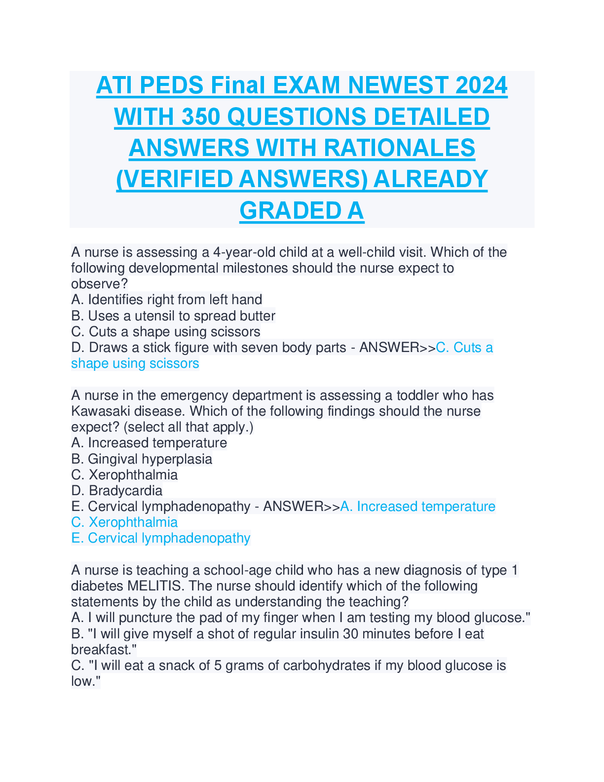 Recommended document preview for ATI PEDS Final EXAM NEWEST 2024 WITH 350 QUESTIONS DETAILED ANSWERS WITH RATIONALES (VERIFIED ANSWERS) ALREADY GRADED A