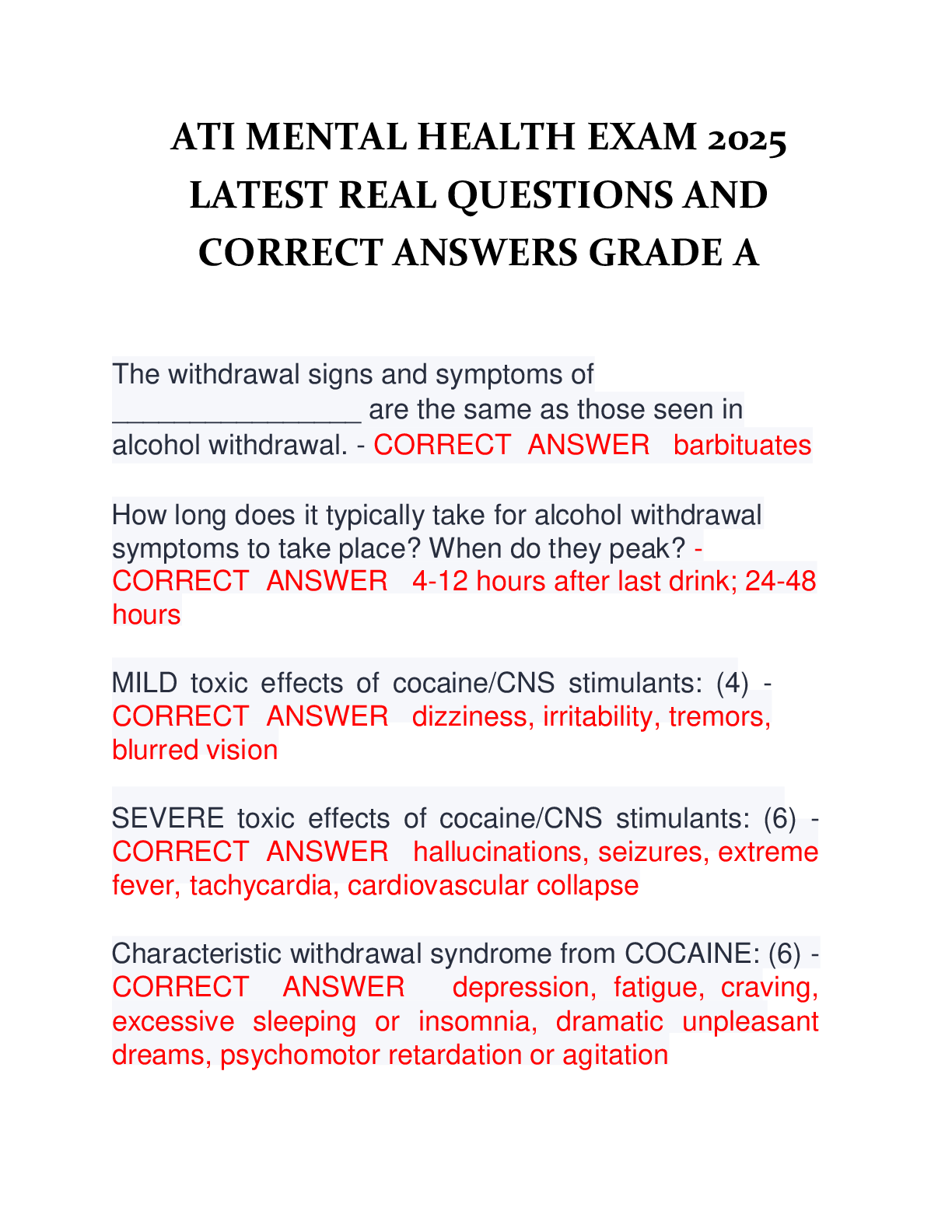 Preview of ATI MENTAL HEALTH EXAM 2025 LATEST REAL QUESTIONS AND CORRECT ANSWERS GRADE A