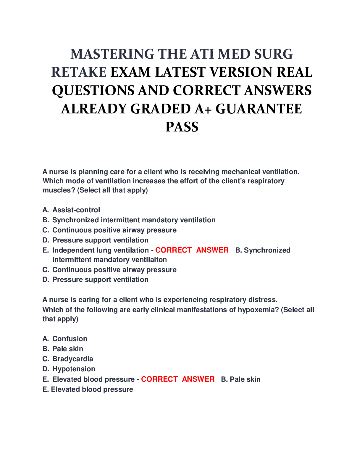 Preview of MASTERING THE ATI MED SURG RETAKE EXAM LATEST VERSION REAL QUESTIONS AND CORRECT ANSWERS A