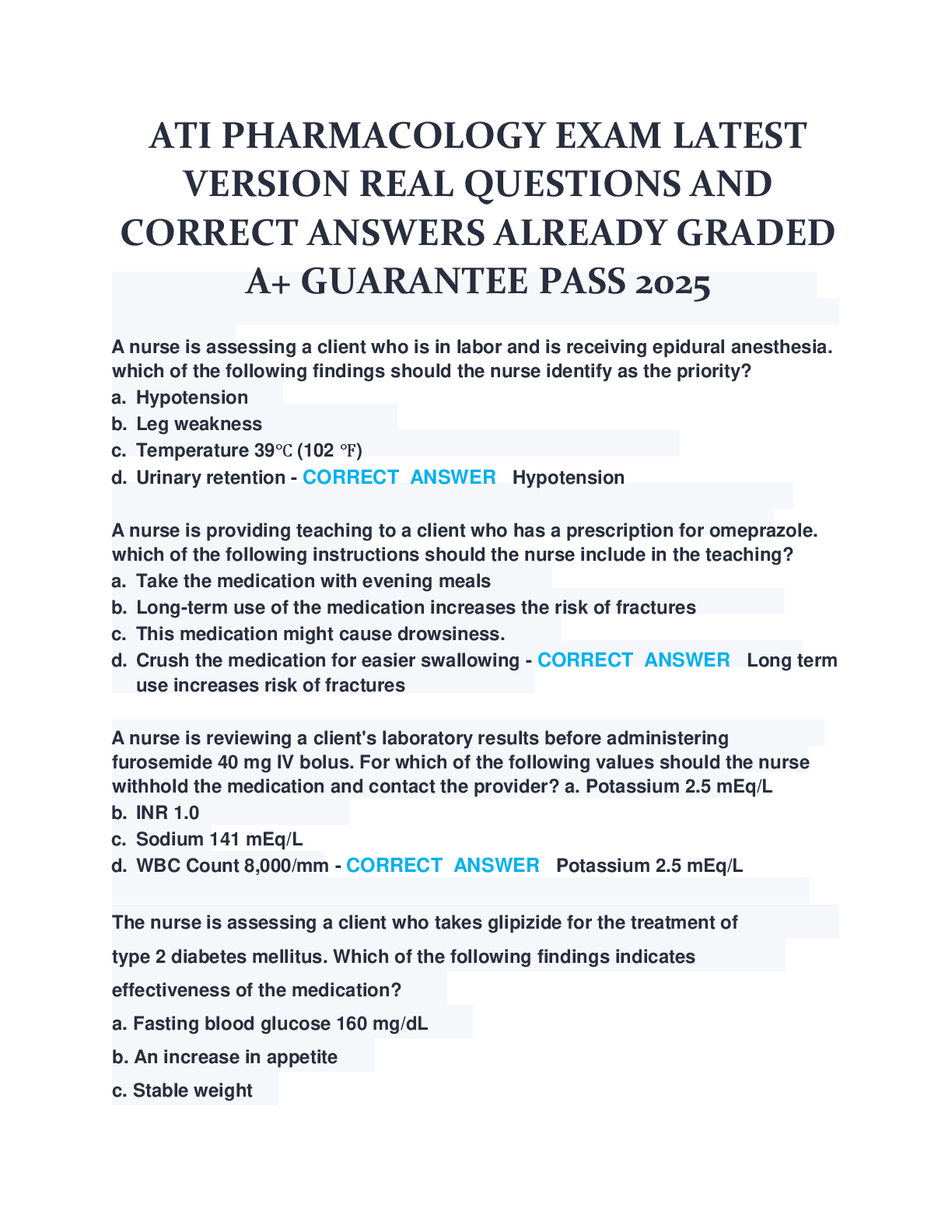 Recommended document preview for ATI PHARMACOLOGY EXAM LATEST VERSION REAL QUESTIONS AND CORRECT ANSWERS ALREADY GRADED A+ GUARANTEE PASS 2025