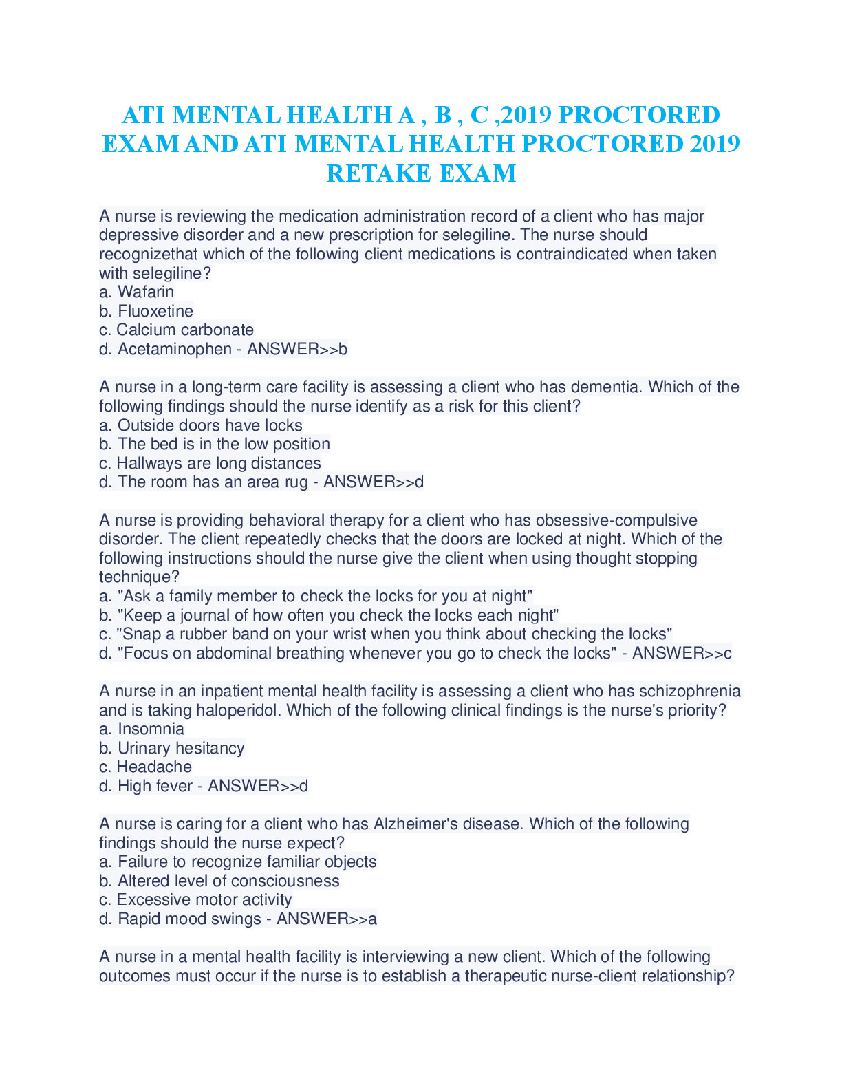 Preview of ATI MENTAL HEALTH A , B , C ,2019 PROCTORED EXAM AND ATI MENTAL HEALTH PROCTORED 2019 RETA