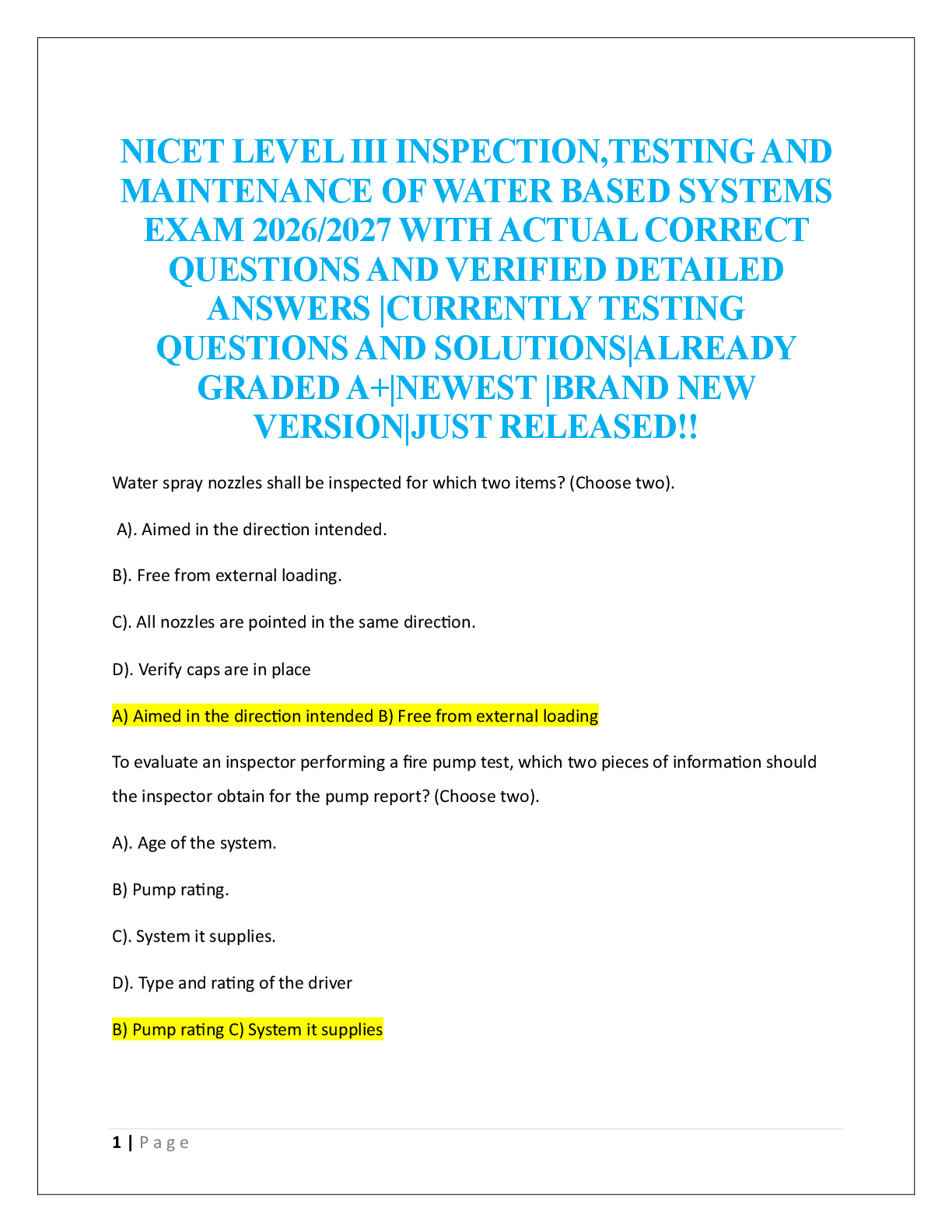 Recommended document preview for NICET LEVEL III INSPECTION,TESTING AND  MAINTENANCE OF WATER BASED SYSTEMS  EXAM