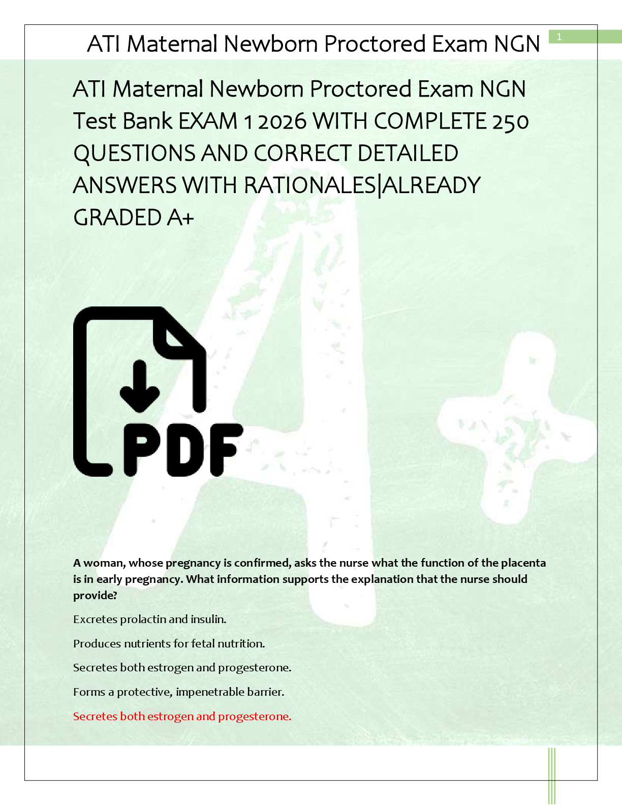 Preview of ATI Maternal Newborn Proctored Exam NGN  Test Bank EXAM 1 2026 WITH COMPLETE 250  QUESTION
