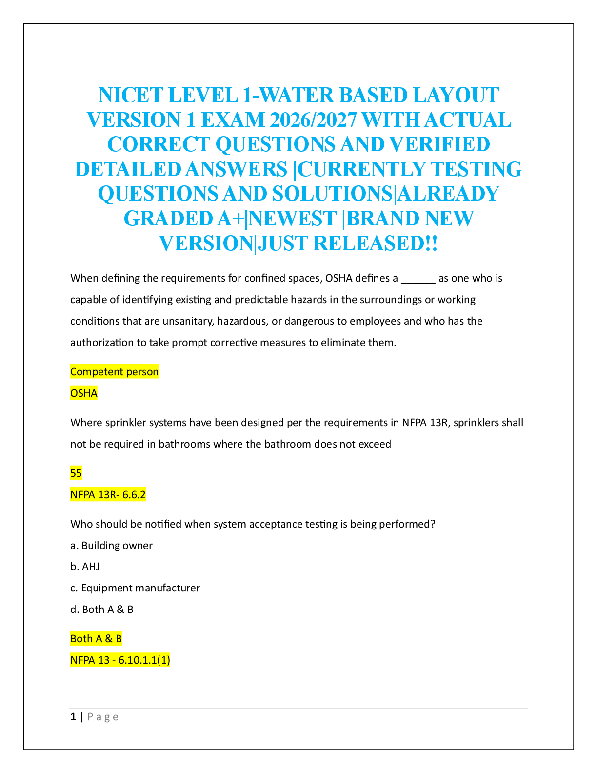 NICET LEVEL 1-WATER BASED LAYOUT  VERSION 1 EXAM 2026/2027