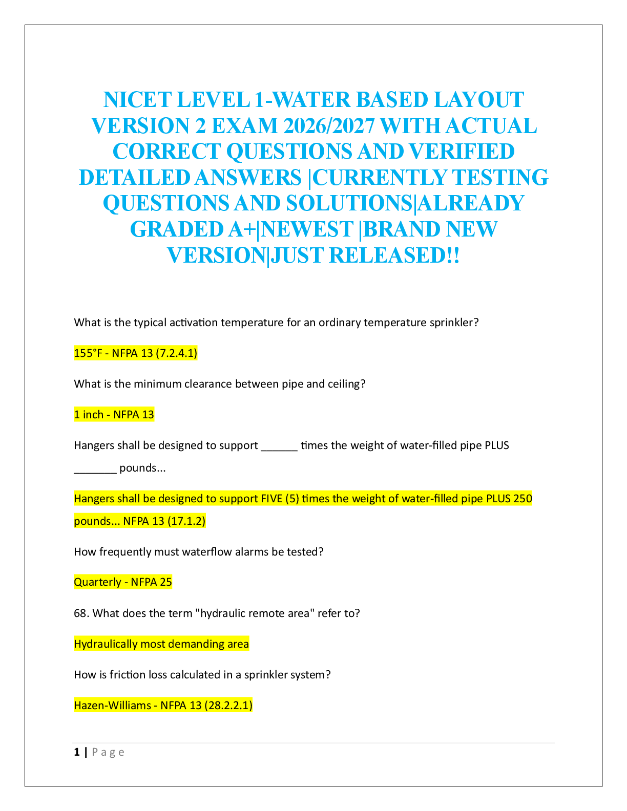 NICET LEVEL 1-WATER BASED LAYOUT  VERSION 2 EXAM 2026/2027