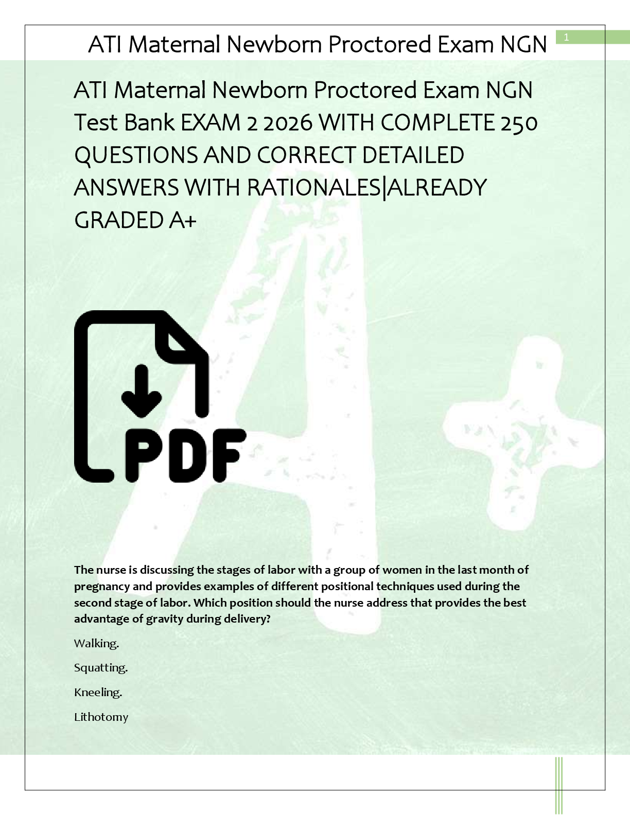 Recommended document preview for ATI Maternal Newborn Proctored Exam NGN  Test Bank EXAM 2 2026 WITH COMPLETE 250  QUESTIONS AND CORRECT DETAILED  ANSWERS WITH RATIONALES|ALREADY  GRADED A+