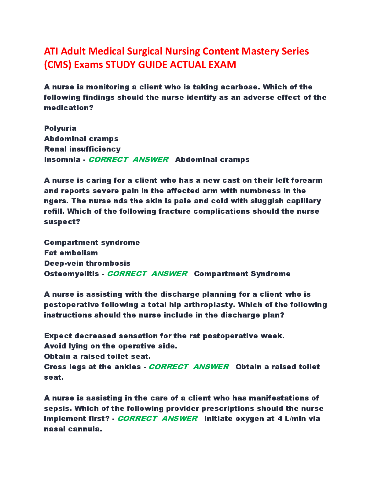 ATI Adult Medical Surgical Nursing Content Mastery Series (CMS) Exams STUDY GUIDE ACTUAL EXAM