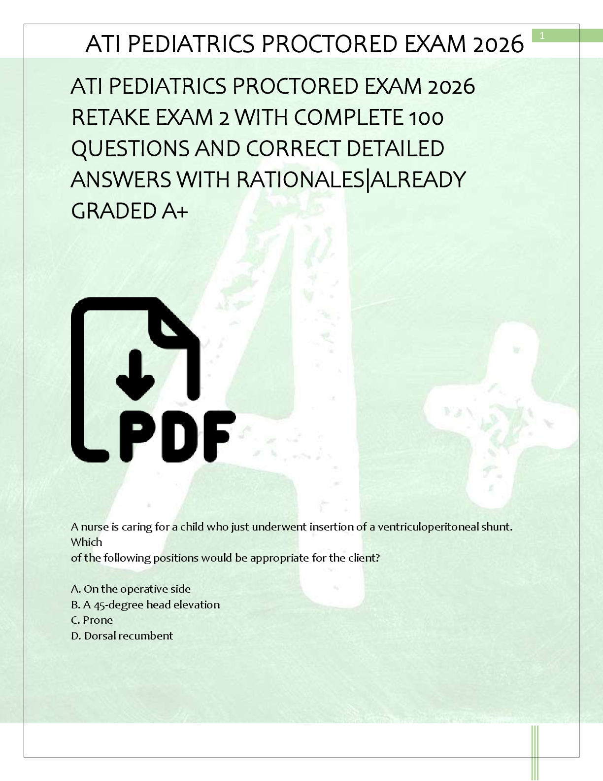 Recommended document preview for ATI PEDIATRICS PROCTORED EXAM 2026  RETAKE EXAM 2 WITH COMPLETE 100  QUESTIONS AND CORRECT DETAILED  ANSWERS WITH RATIONALES|ALREADY  GRADED A+