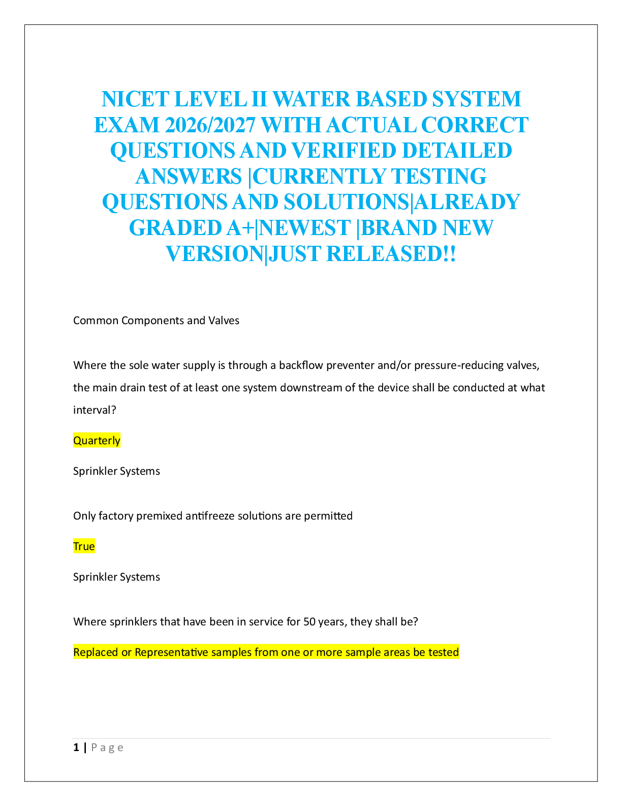 Preview of NICET LEVEL II WATER BASED SYSTEM  EXAM 2026/2027