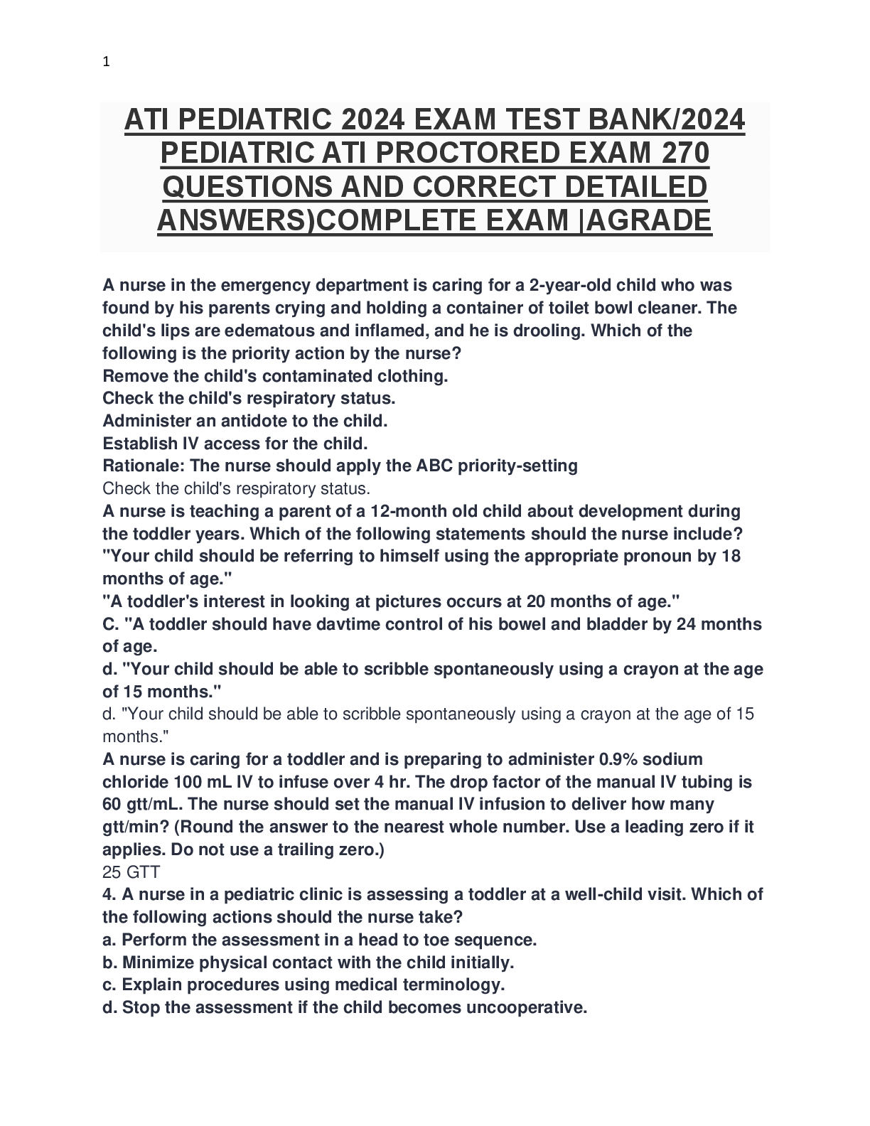 ATI PEDIATRIC 2024 EXAM TEST BANK/2024 PEDIATRIC ATI PROCTORED EXAM 270 QUESTIONS AND CORRECT DETAILED ANSWERS)COMPLETE EXAM |AGRADE