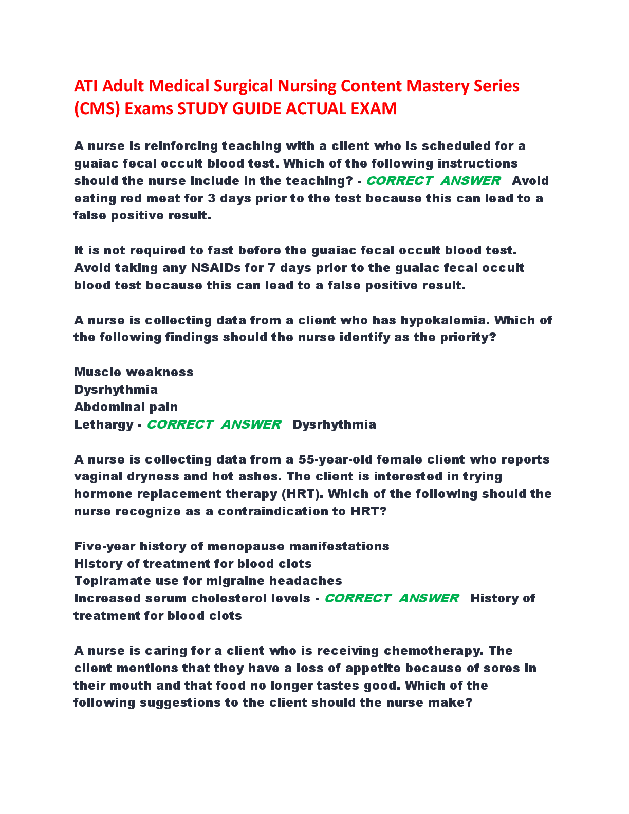 Recommended document preview for ATI Adult Medical/Surgical Nursing TESTBANK Content Mastery Series (CMS) Exams STUDY GUIDE ACTUAL EXAM QUESTIONS AND WELL ELABORATED ANSWERS (MOST TESTED QUESTIONS WITH VERIFIED ANSWERS) LATEST UPDATES 2025 |ALREADY GRADED A+ (REVISED EXAM)