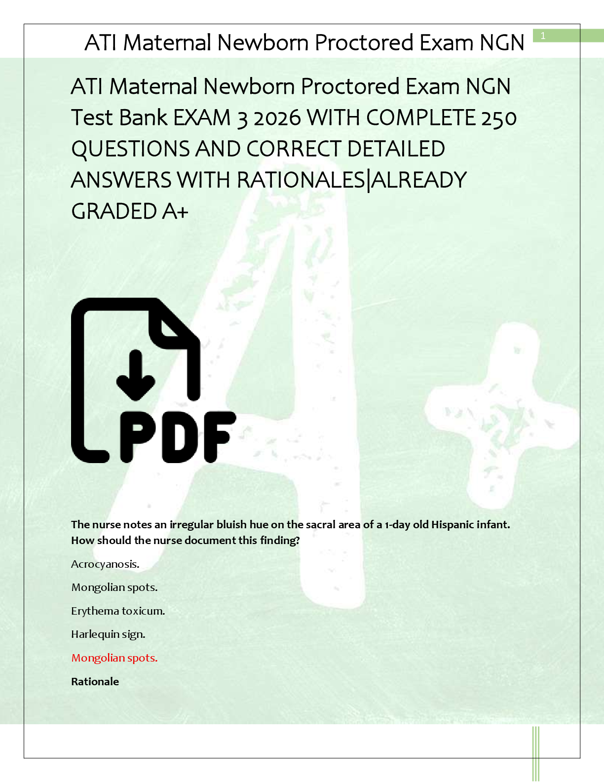 Recommended document preview for ATI Maternal Newborn Proctored Exam NGN  Test Bank EXAM 3 2026 WITH COMPLETE 250  QUESTIONS AND CORRECT DETAILED  ANSWERS WITH RATIONALES|ALREADY  GRADED A+