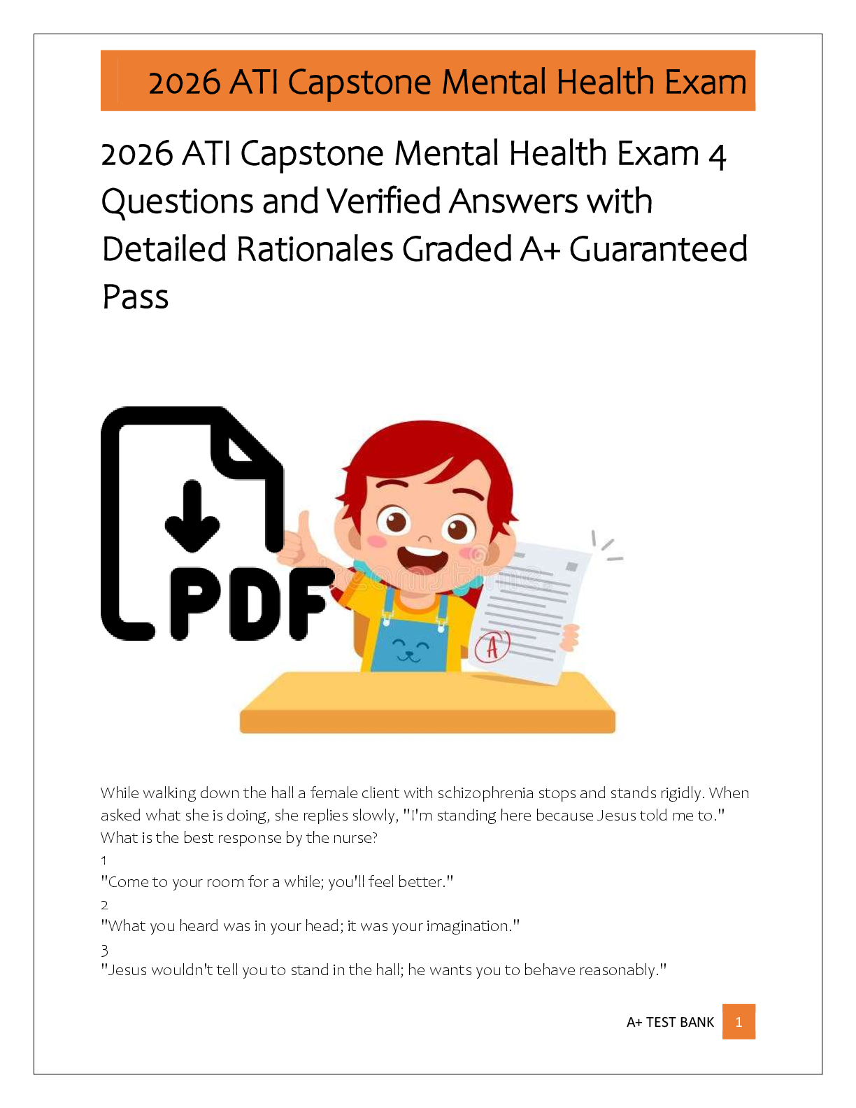 Recommended document preview for 2026 ATI Capstone Mental Health Exam 4  Questions and Verified Answers with  Detailed Rationales Graded A+ Guaranteed  Pass