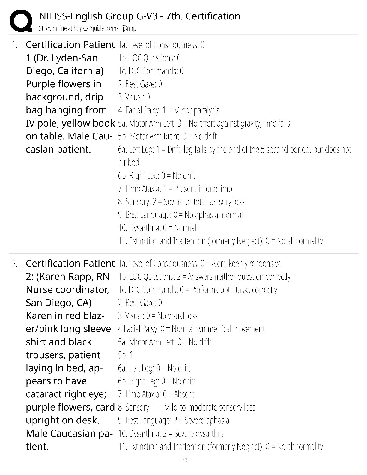 NIHSS-English Group G-V3   7th Certification / Stroke Scale Study Guide