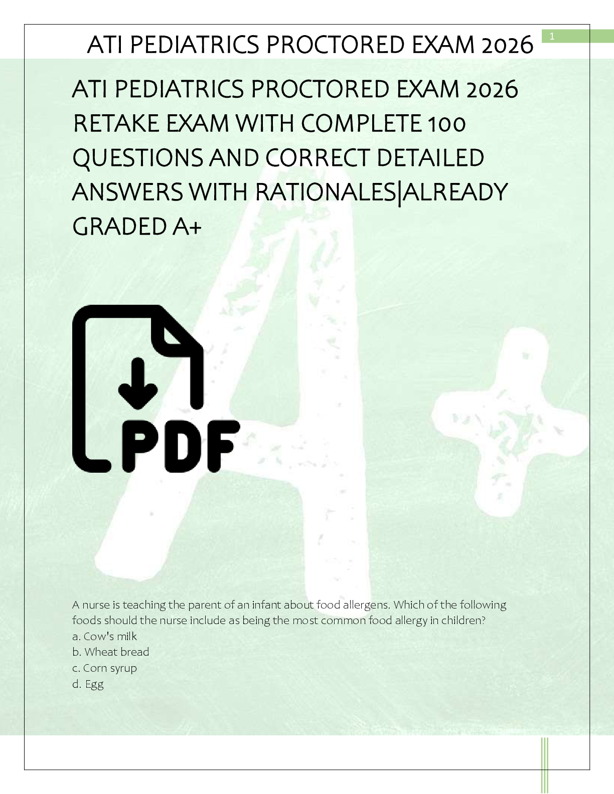 Recommended document preview for ATI PEDIATRICS PROCTORED EXAM 2026  RETAKE EXAM WITH COMPLETE 100  QUESTIONS AND CORRECT DETAILED  ANSWERS WITH RATIONALES|ALREADY  GRADED A+