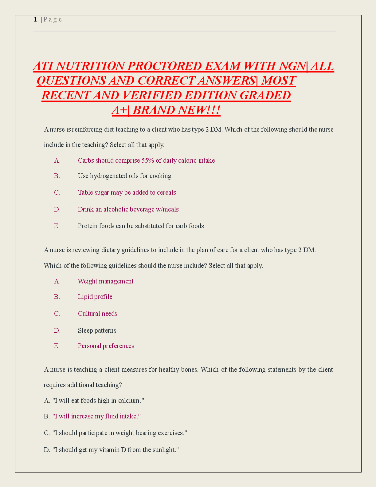 Recommended document preview for ATI Nutrition Practice Test B 2019 (solved) Latest Version 2023/2024 (100% Correct) 100 questions and answers (VERIFIED WITH RATIONALES)|AGRADE