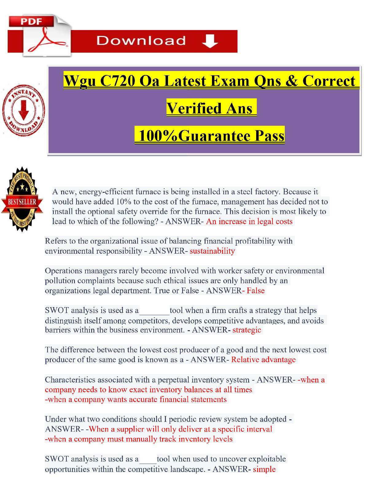 Recommended document preview for WGU C720 OA Exam Study Guide 2026/2027 | Operations and Supply Chain Management | Questions & Answers  | Verified Solutions | Grade A+ | Guaranteed Pass