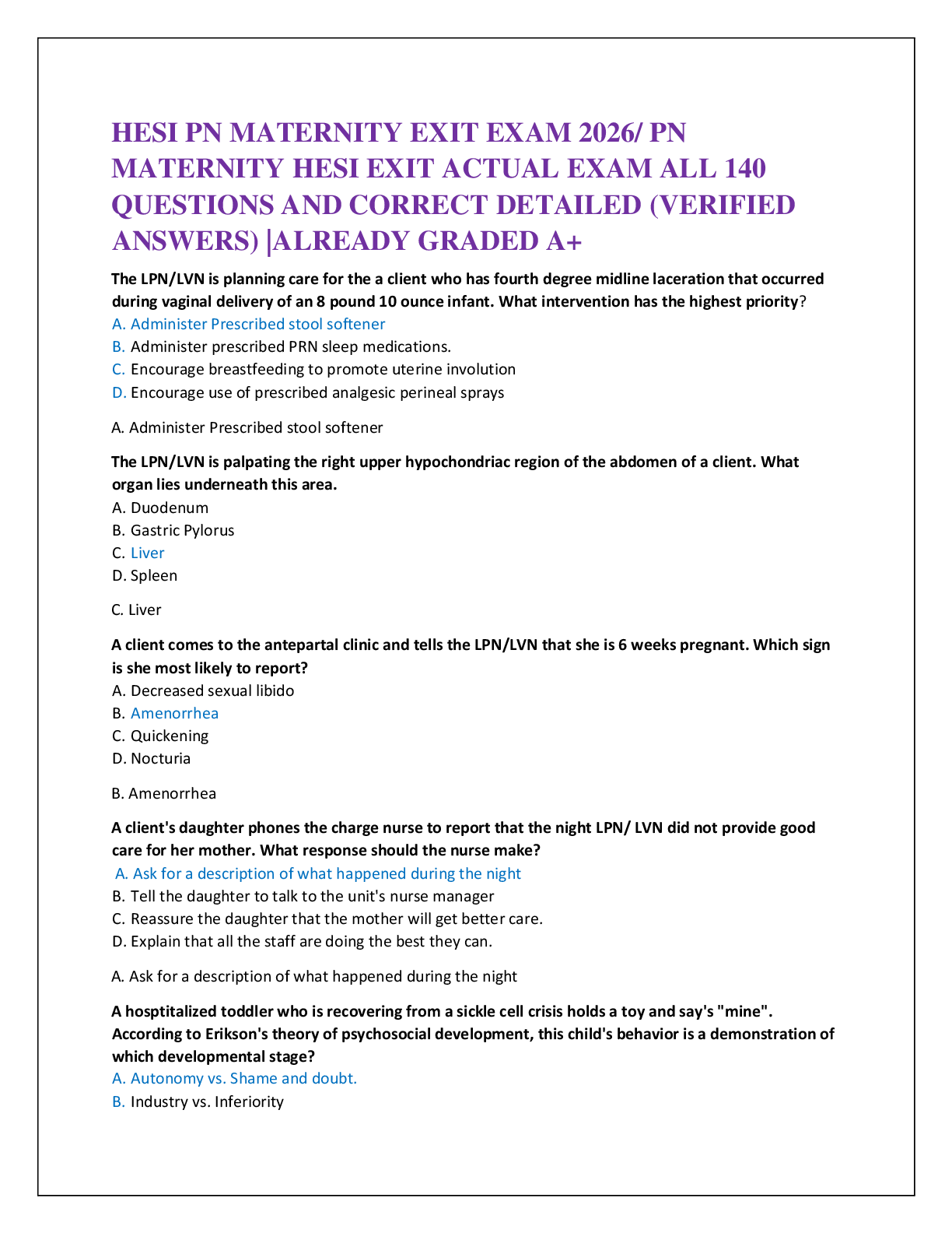 Preview of HESI PN MATERNITY EXIT EXAM 2026/ PN   MATERNITY HESI EXIT ACTUAL EXAM ALL 140   QUESTIONS AND CORRECT DETAILED (VERIFIED  ANSWERS) |ALREADY GRADED A+