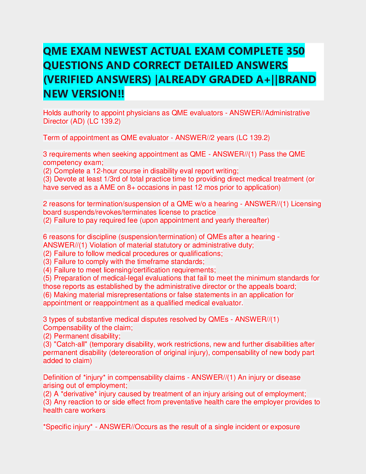 Recommended document preview for QME EXAM NEWEST ACTUAL EXAM – Complete 350 Questions and Verified Answers (2025)