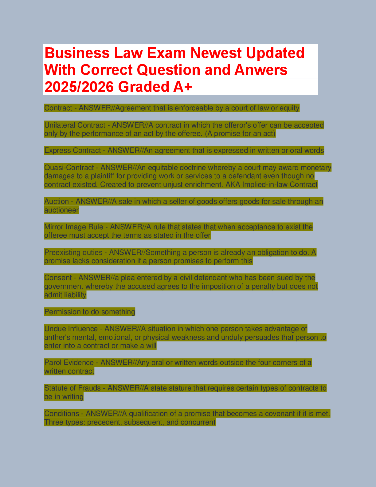 Recommended document preview for Business Law Exam – Newest Updated Questions and Answers 2025/2026