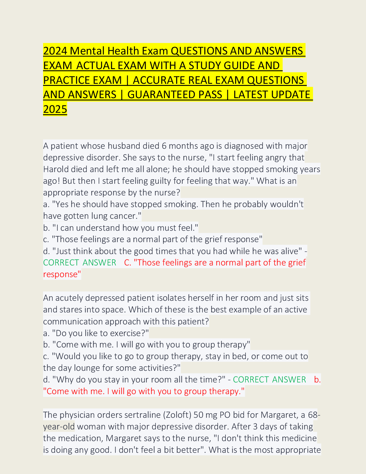 Recommended document preview for 2024 Mental Health Exam QUESTIONS AND ANSWERS EXAM ACTUAL EXAM WITH A STUDY GUIDE AND PRACTICE EXAM | ACCURATE REAL EXAM QUESTIONS AND ANSWERS | GUARANTEED PASS | LATEST UPDATE 2025