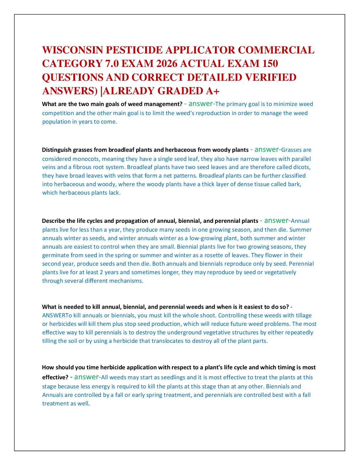 Preview of WISCONSIN PESTICIDE APPLICATOR COMMERCIAL   CATEGORY 7.0 EXAM 2026 ACTUAL EXAM 150   QUESTIONS AND CORRECT DETAILED VERIFIED  ANSWERS) |ALREADY GRADED A+