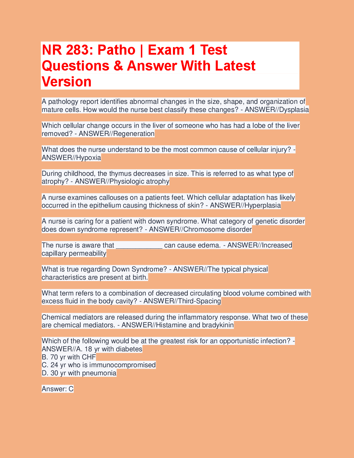 NR 283 Pathophysiology Exam 1 – Test Questions and Answers (Latest Version)