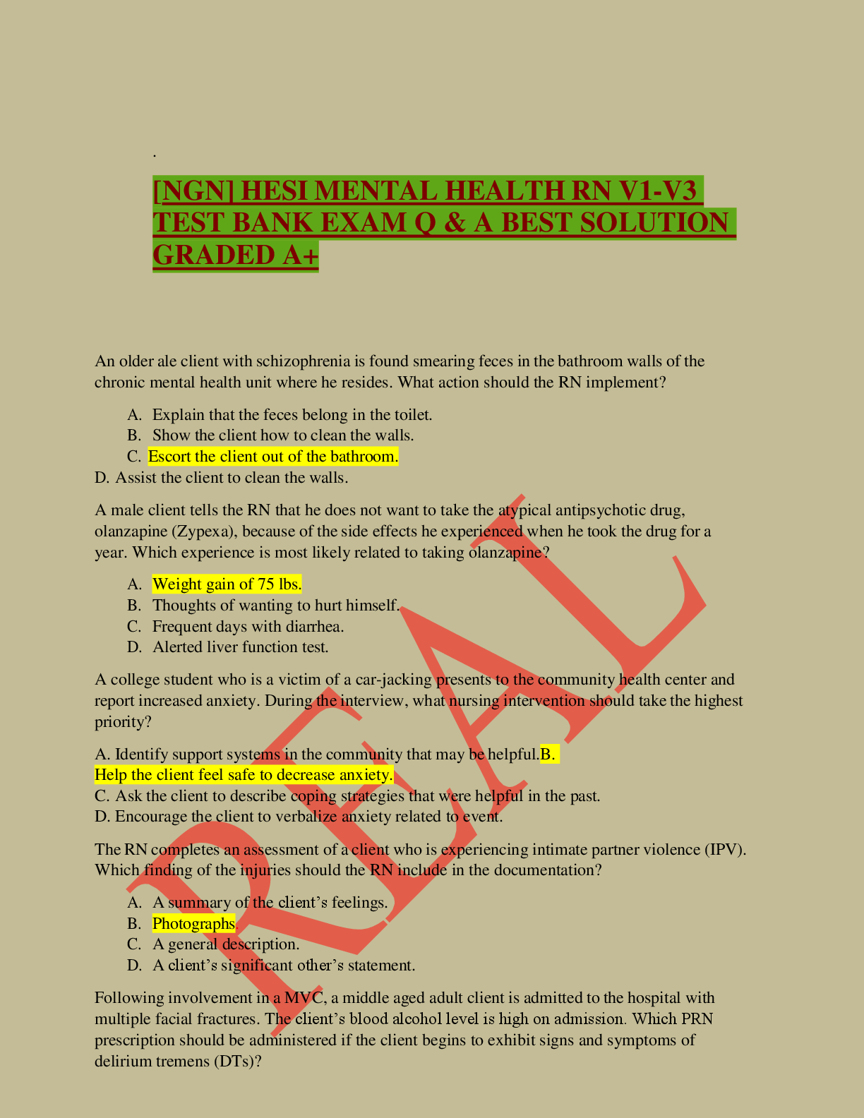 Recommended document preview for [NGN] HESI MENTAL HEALTH RN V1-V3  TEST BANK EXAM Q & A BEST SOLUTION  GRADED A+