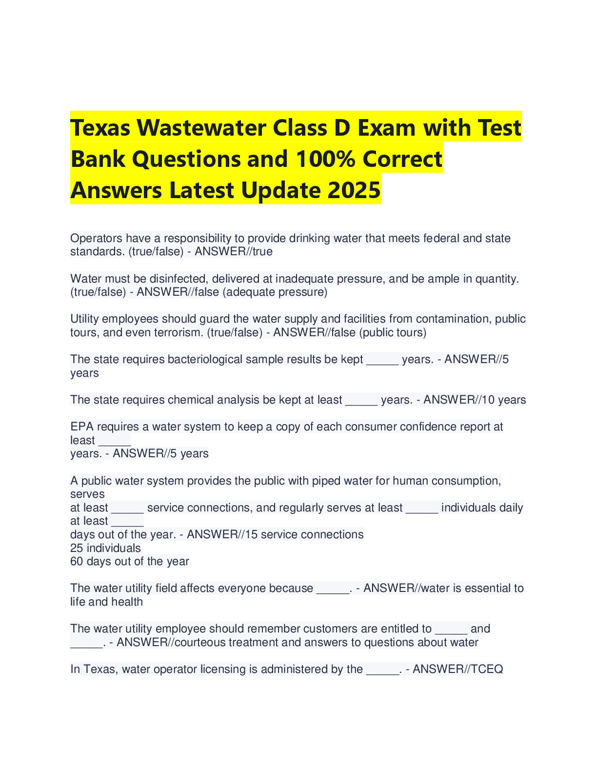 Recommended document preview for Texas Wastewater Class D Exam – Test Bank Questions and 100% Correct Answers (Latest Update 2025)