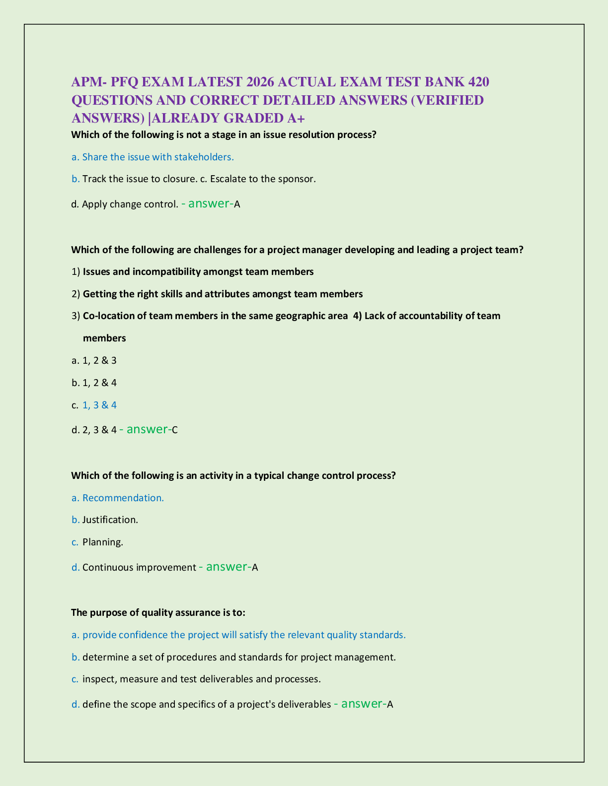 APM- PFQ EXAM LATEST 2026 ACTUAL EXAM TEST BANK 420  QUESTIONS AND CORRECT DETAILED ANSWERS (VERIFIED  ANSWERS) |ALREADY GRADED A+