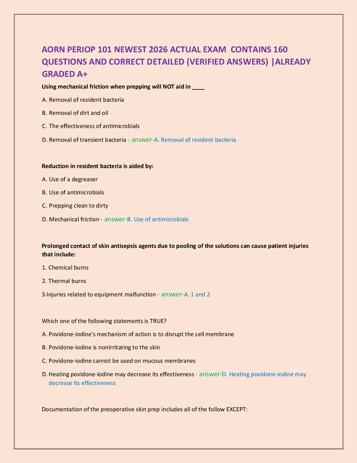 Recommended document preview for AORN PERIOP 101 NEWEST 2026 ACTUAL EXAM  CONTAINS 160   QUESTIONS AND CORRECT DETAILED (VERIFIED ANSWERS) |ALREADY  GRADED A+