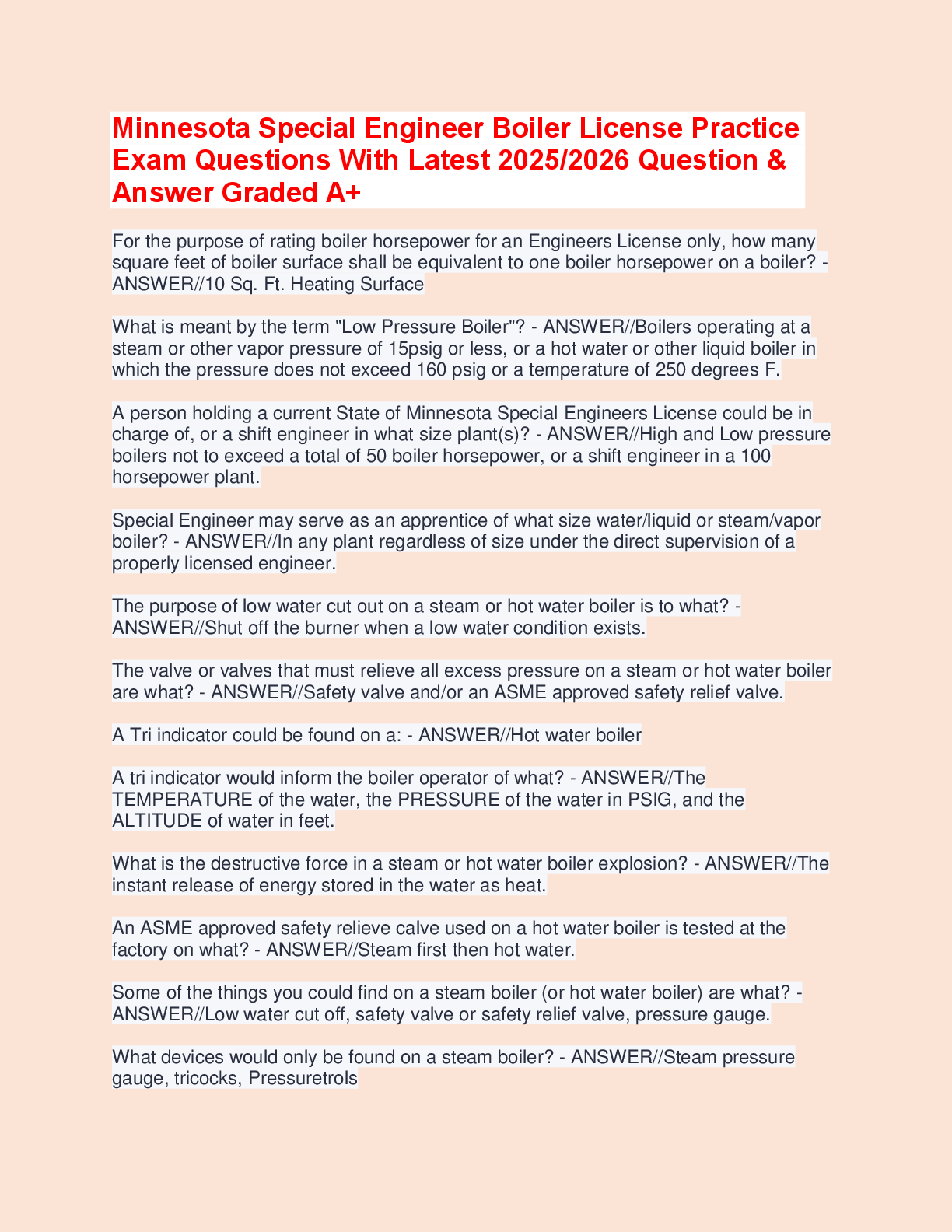 Recommended document preview for Minnesota Special Engineer Boiler License Practice Exam 2025/2026