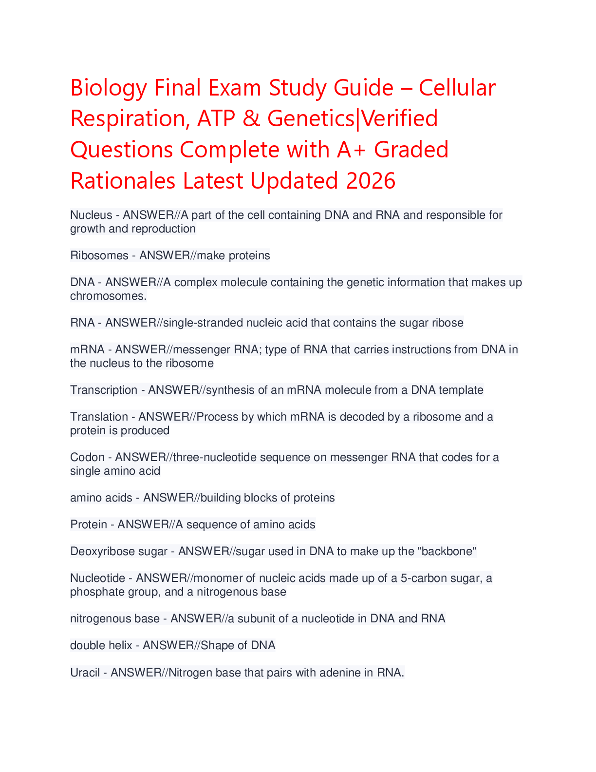 Title: Biology Final Exam Study Guide - Cellular Respiration, ATP & Genetics