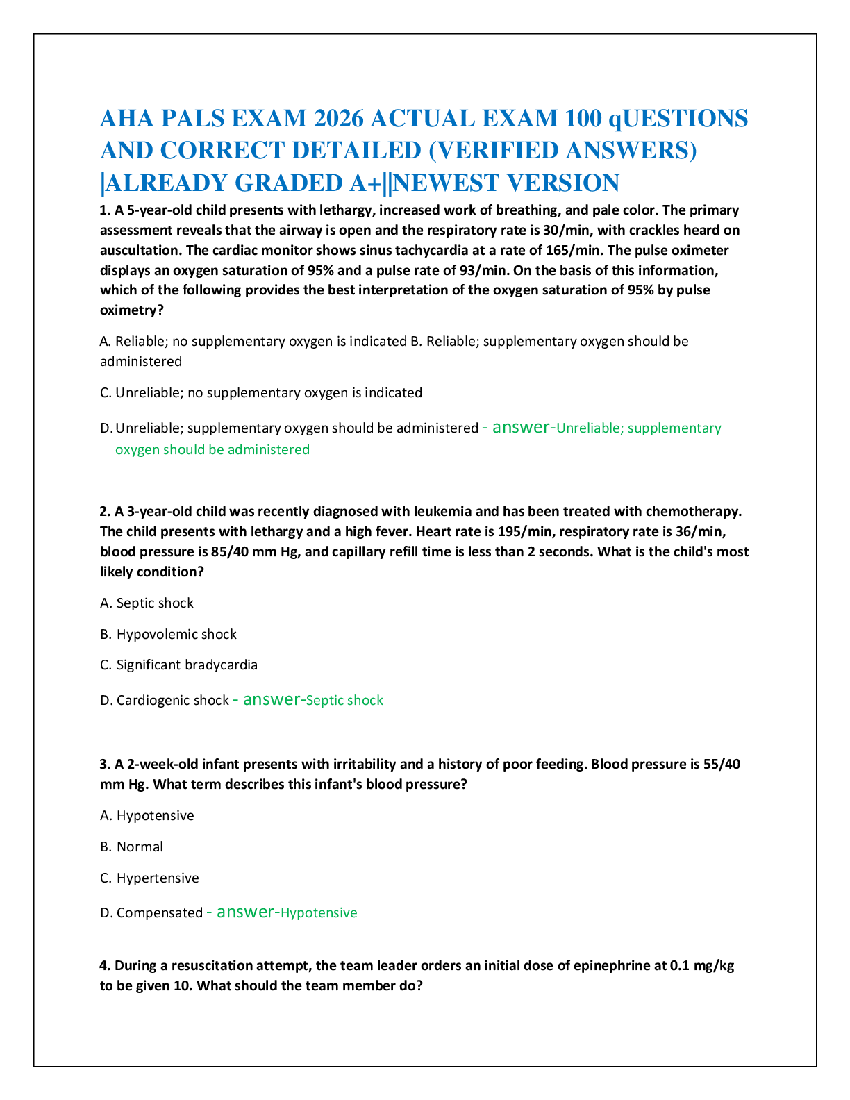AHA PALS EXAM 2026 ACTUAL EXAM 100 qUESTIONS  AND CORRECT DETAILED (VERIFIED ANSWERS)  |ALREADY GRADED A+||NEWEST VERSION