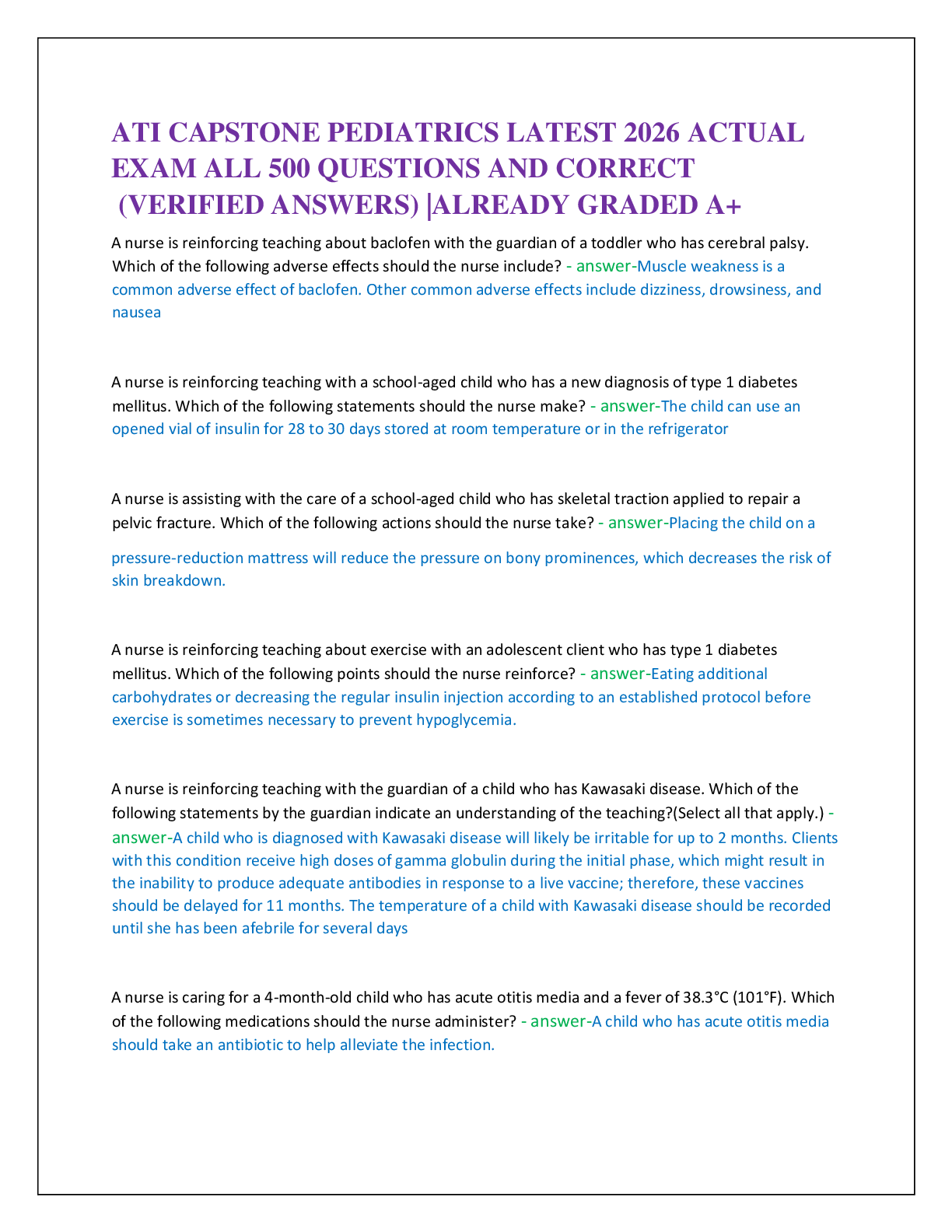 ATI CAPSTONE PEDIATRICS LATEST 2026 ACTUAL   EXAM ALL 500 QUESTIONS AND CORRECT   (VERIFIED ANSWERS) |ALREADY GRADED A+