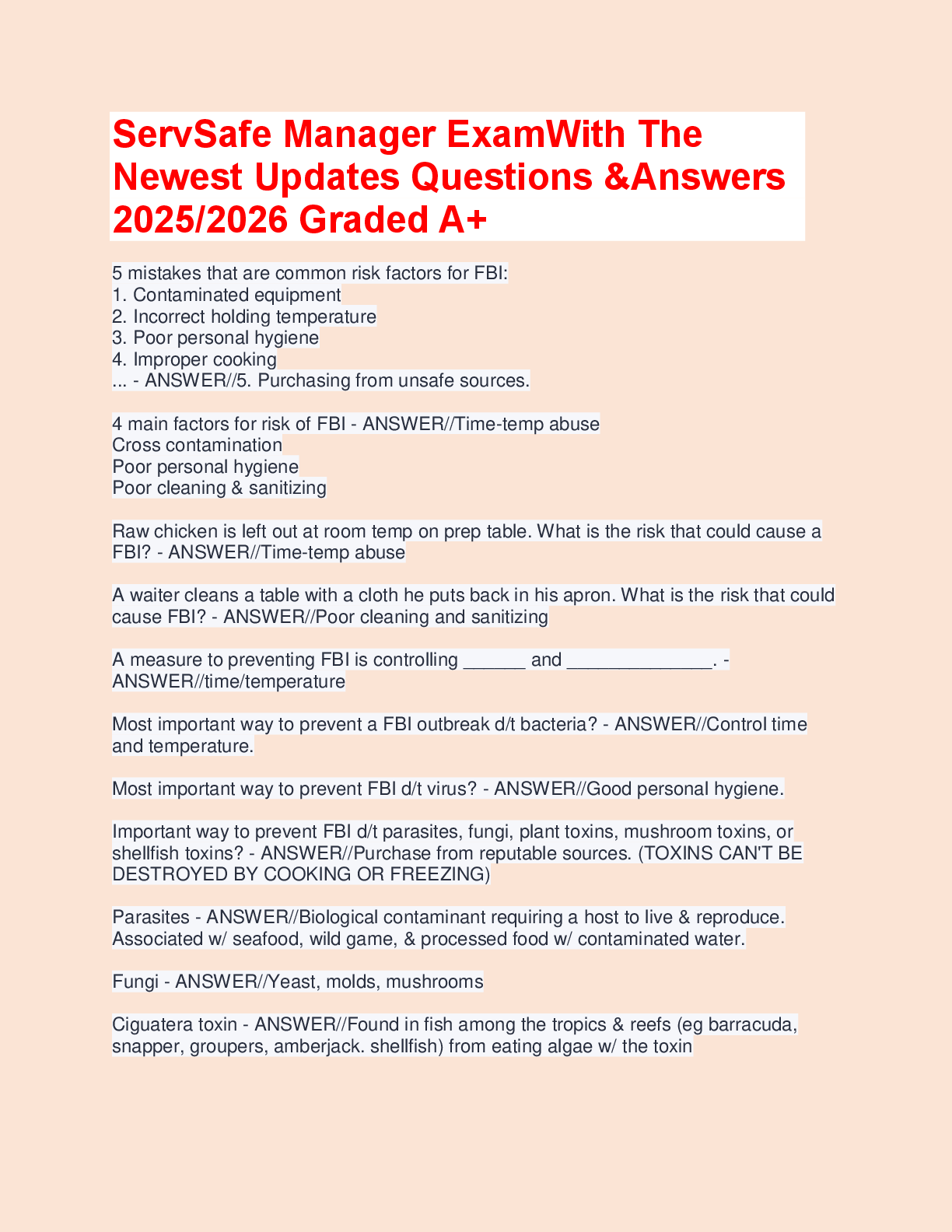 Recommended document preview for ServSafe Manager Exam – Newest Updated Questions and Answers