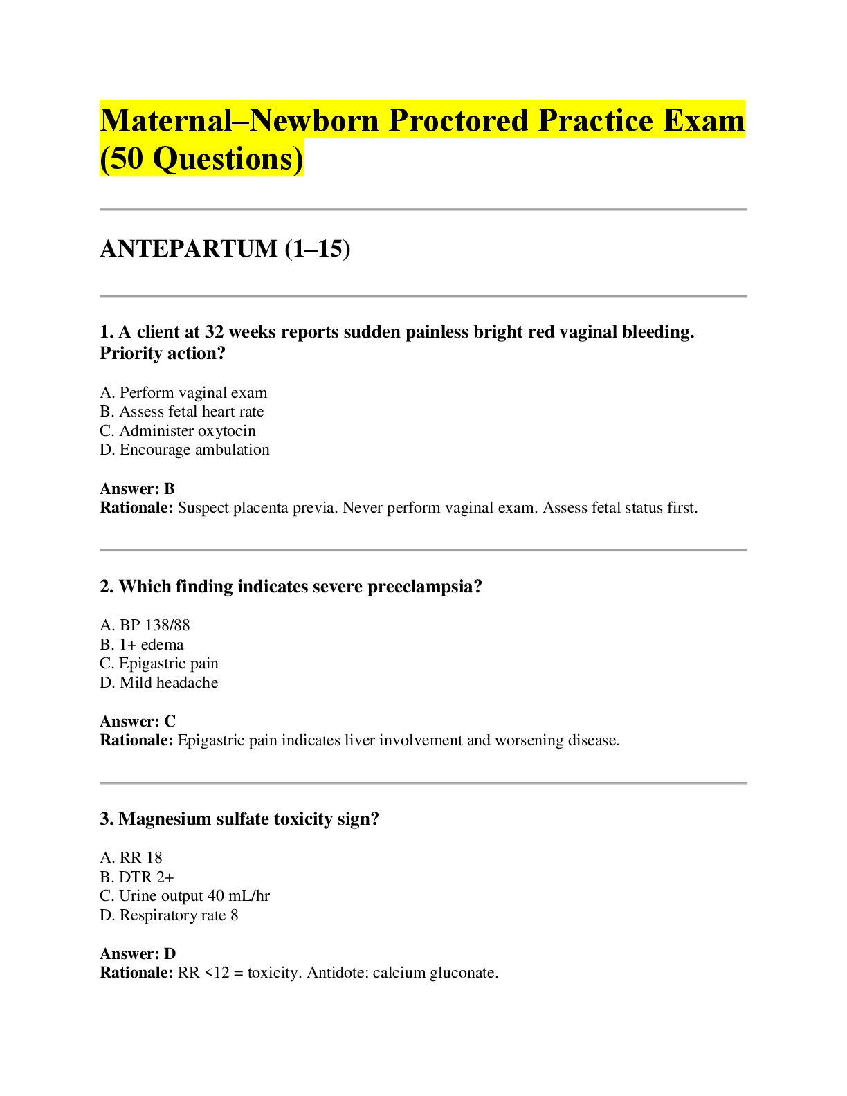Maternal–Newborn Proctored Practice Exam