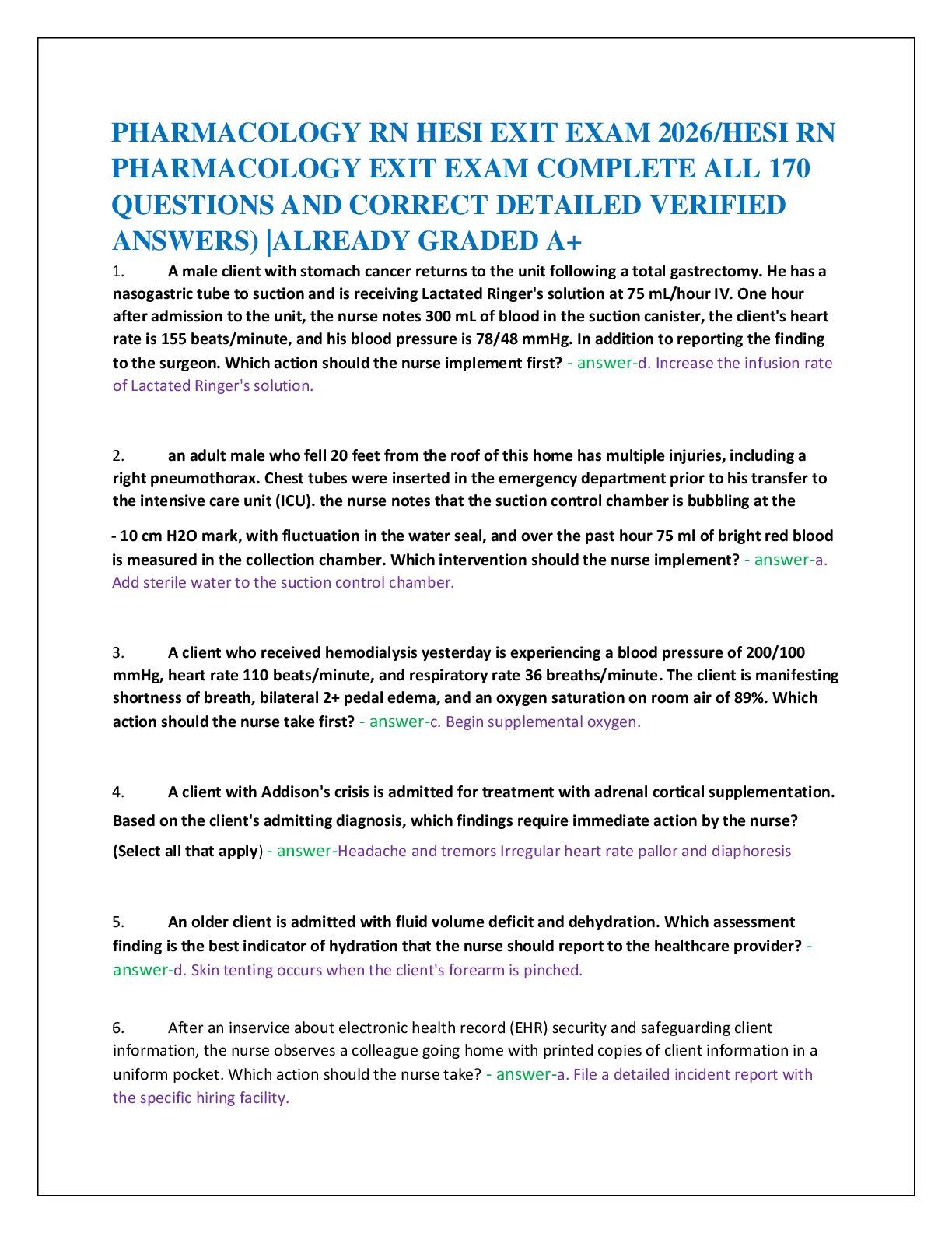 Preview of PHARMACOLOGY RN HESI EXIT EXAM 2026/HESI RN   PHARMACOLOGY EXIT EXAM COMPLETE ALL 170   QUESTIONS AND CORRECT DETAILED VERIFIED  ANSWERS) |ALREADY GRADED A+