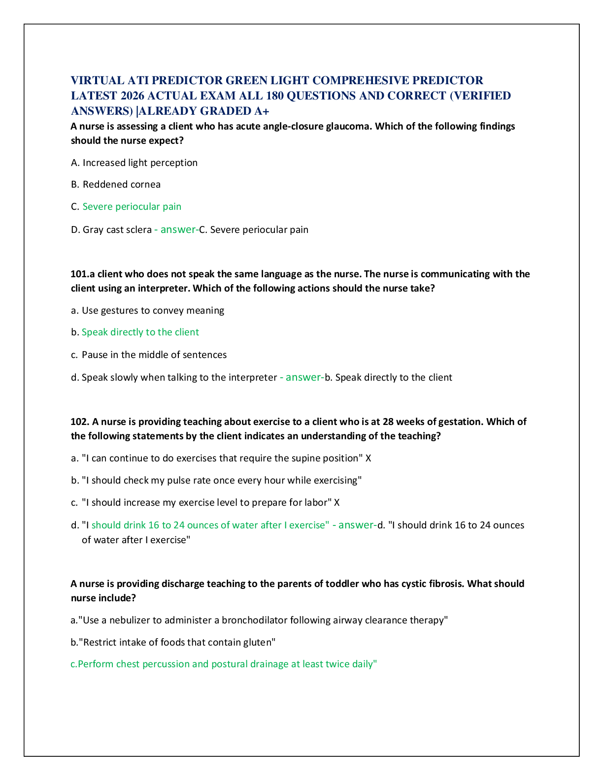 Recommended document preview for VIRTUAL ATI PREDICTOR GREEN LIGHT COMPREHESIVE PREDICTOR  LATEST 2026 ACTUAL EXAM ALL 180 QUESTIONS AND CORRECT (VERIFIED  ANSWERS) |ALREADY GRADED A+