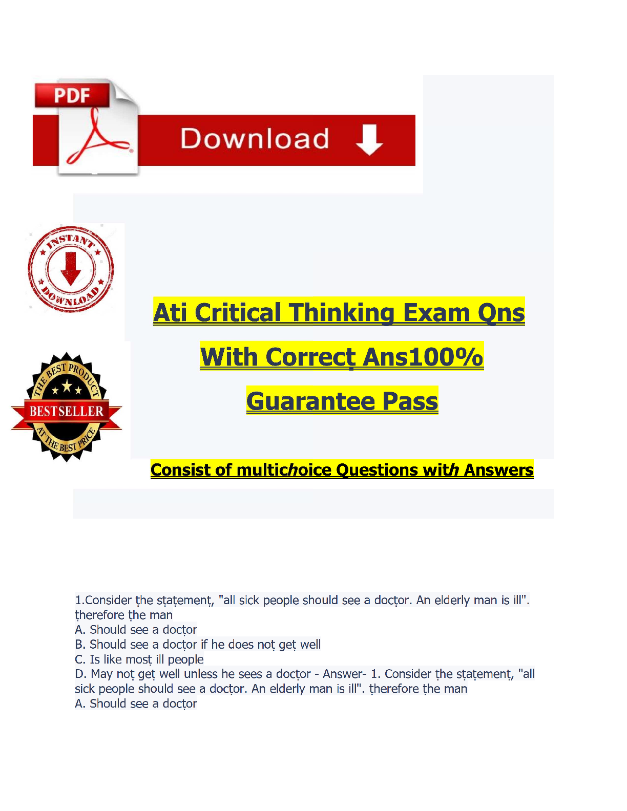 Recommended document preview for ATI Critical Thinking Exam 2026/2027 | Complete Test Bank with Questions & Answers | Proctored Exam Prep  | Grade A+ | Verified Solutions | Guaranteed Pass